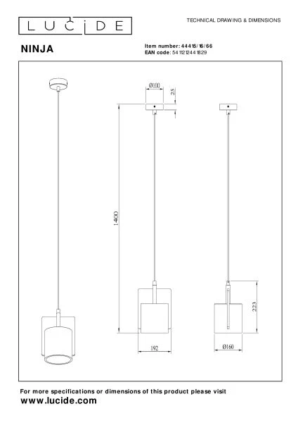 Lucide NINJA - Pendant light - Ø 16 cm - 1xE27 - Pink - technical